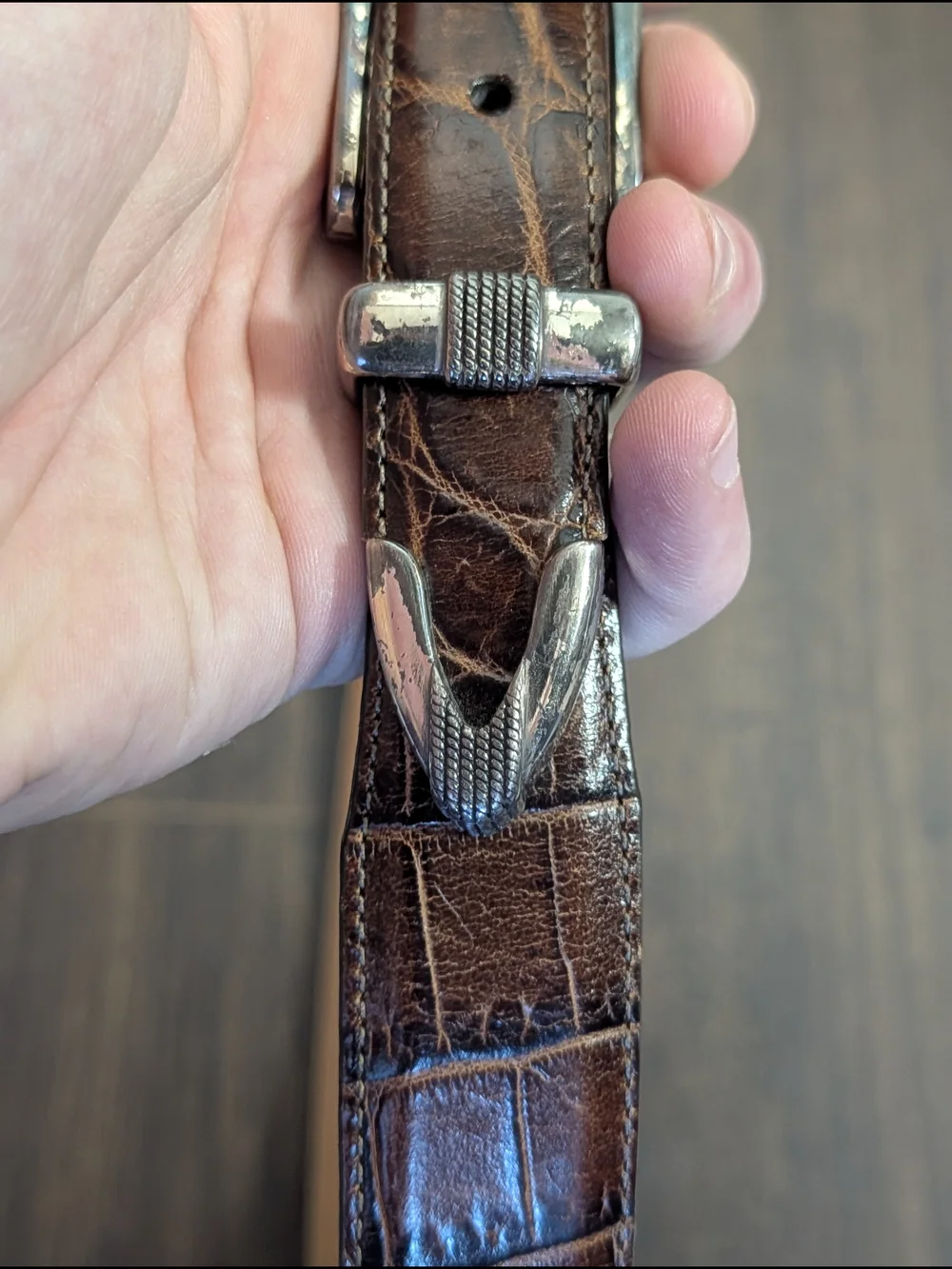 Onyx by Brighton Brown Alligator Leather Belt with Silver Buckle, Keeper And Tip